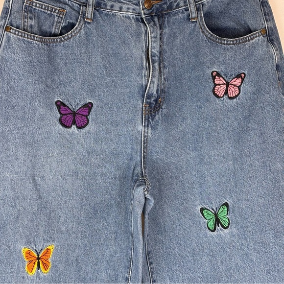 Fashion Nova Butterfly Embroidered Wide Leg Jeans Size 13 Raw Hem Cotton Boho - Picture 3 of 9